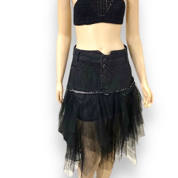 Black Denim Button Up Multi Layer Mesh Midi Skirt - Picture 3 of 4